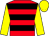 Red, black hoops, yellow sleeves and cap