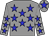 Grey body, big-blue stars, grey arms, big-blue stars, grey cap, big-blue star