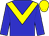 Big-blue body, yellow chevron, big-blue arms, yellow cap