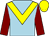 Light blue, yellow chevron, maroon sleeves, yellow cap