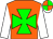 Orange, green maltese cross, white sleeves, orange and green quartered cap, white peak