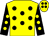 Yellow, black spots, black sleeves, yellow spots, yellow cap, black spots