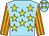 Sky blue, yellow stars, orange and yellow striped sleeves