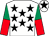 White, black stars, red & emerald green halved sleeves, white cap, black star