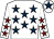 White, dark blue stars, white sleeves, maroon stars, white cap, dark blue star