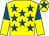 Yellow, royal blue stars, halved sleeves, royal blue star on cap