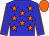 Blue body, orange stars, blue arms, orange seams, orange cap