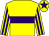 Yellow, purple hoop, striped sleeves and star on cap