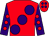 Red body, purple large spots, purple arms, red spots, red cap, purple spots