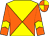 Yellow body, orange diabolo, orange arms, yellow chevron, orange cap, yellow quartered