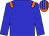 Big-blue body, orange epaulettes, big-blue arms, orange cap, big-blue striped