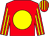 Red body, yellow disc, red arms, yellow striped, red cap, yellow striped