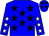 Bright blue, black stars, bright blue sleeves, white stars, bright blue cap, black stars