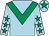 Light blue, emerald green chevron, light blue sleeves, emerald green stars,emerald green star on light blue cap