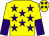 Yellow, purple stars, purple & yellow halved sleeves, yellow cap, purple stars