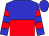 blue and red halved horizontally, blue sleeves, red hoops, blue cap