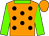 Dayglo orange, black spots, dayglo green collar and sleeves, dayglo orange cap