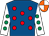 Royal blue, red spots, white sleeves, emerald green spots, white & orange quartered cap