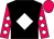 Black, white diamond, cerise and white checked diamonds sleeves, cerise cap