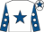 White, royal blue star, royal blue sleeves, white spots, white cap, royal blue star