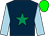 DARK BLUE, emerald green star, light blue sleeves, green cap