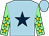 Light blue, dark blue star, light green sleeves, yellow stars, light blue cap