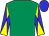 emerald green, yellow diablo on blue sleeves, blue cap