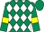 Emerald green and white diamonds, emerald green sleeves, yellow armlets, emerald green cap