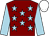 Maroon, light blue stars and sleeves, white cap