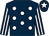 dark blue, white spots, white stripes on sleeves, white star on cap