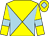 Yellow and light blue diabolo, yellow sleeves, light blue armlets and diamond on cap