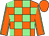 Orange & light green check, light green seams on sleeves, orange cap