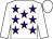 White, purple stars, white sleeves & cap