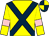 Yellow, dark blue cross belts, yellow sleeves, pink armlets, dark blue and yellow quartered cap