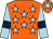 Orange, light blue stars, light blue sleeves, dark blue armlets, orange cap, light blue star