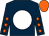 Dark blue, white disc, dark blue sleeves, orange stars, orange cap