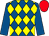 Royal blue and yellow diamonds, royal blue sleeves, red cap