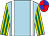 Light blue, white braces, yellow sleeves, emerald green stripes, red and blue quartered cap