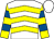 White, yellow chevrons, yellow and royal blue hooped sleeves, white cap