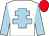 white, light blue cross of lorraine, light blue sleeves, red cap