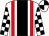 White, red braces, black stripe, white and black checked sleeves, quartered cap