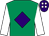 Emerald green, purple diamond, white sleeves, purple cap, white spots