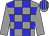 Grey body, big-blue checked, grey arms, grey cap, big-blue striped