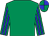 Emerald green, blue stripes on sleeves, quartered cap