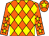 Orange and yellow diamonds, orange sleeves, yellow stars, orange cap, yellow star