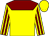 yellow, maroon yoke, maroon stripes on sleeves