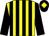 Yellow body, black striped, black arms, black cap, yellow diamond