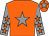 Orange body, grey star, grey arms, orange stars, orange cap, grey star