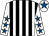 White and black stripes, white sleeves, royal blue stars, white cap, royal blue star