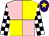 Pink and yellow (quartered), black and white check sleeves, purple cap, yellow star